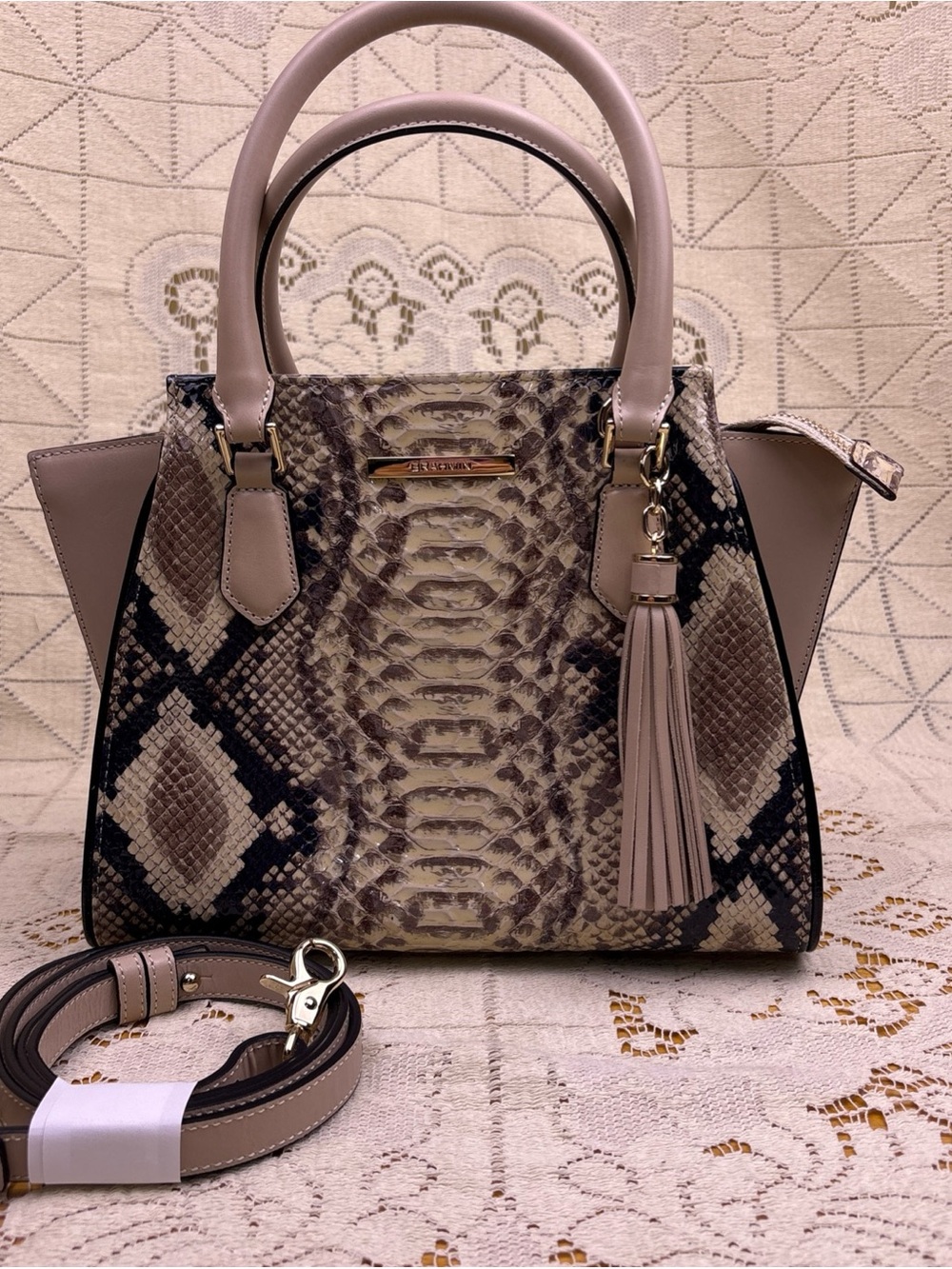 Brahmin Leather Mini Priscilla Python Latte Ballington Satchel Crossbody